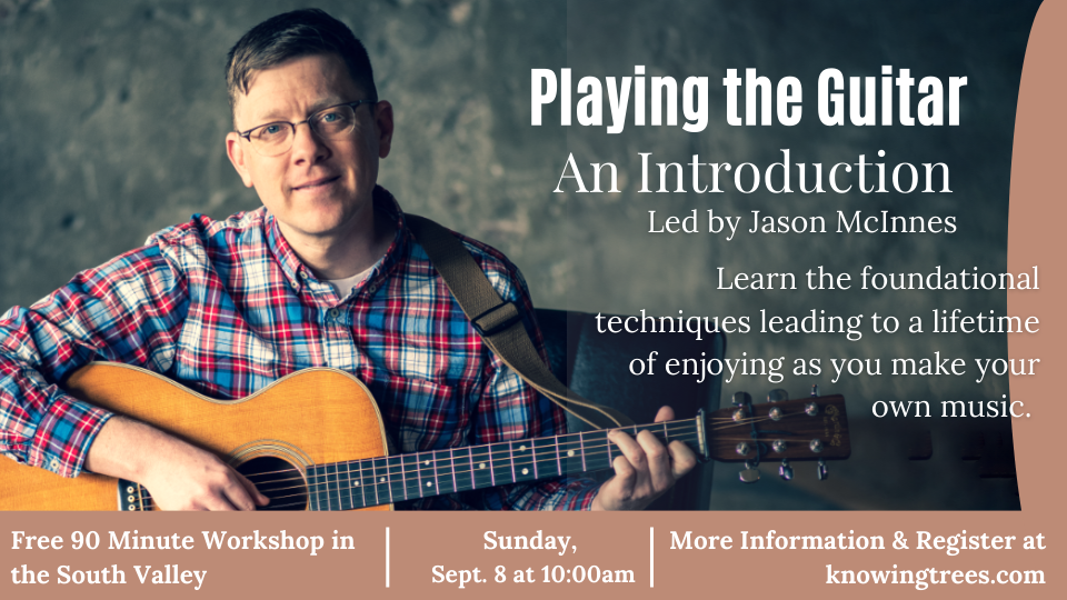 Photo of Jason holding his guitar with text of the details of the workshop