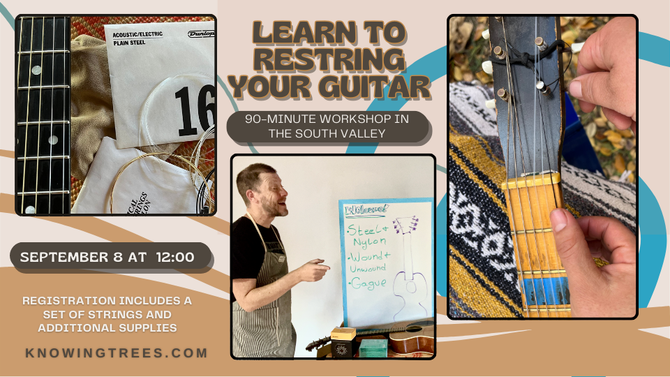 Details of the workshop along with a photo of a guitar neck and strings, a photo of Jason teaching, and a photo of two hands working on restringing