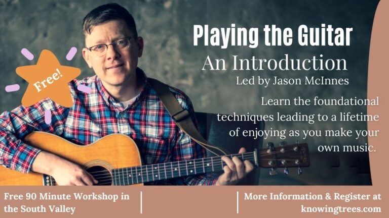 Photo of Jason holding his guitar with text of the details of the workshop.