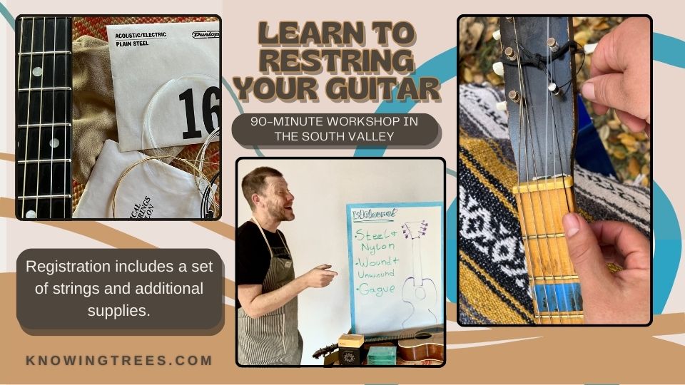 Details of the workshop along with a photo of a guitar neck and strings, a photo of Jason teaching, and a photo of two hands working on restringing