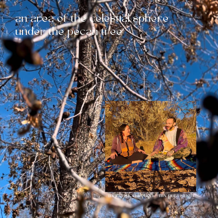 Album Cover with a close up of a pecan tree and an insert photo of Maria and Puja